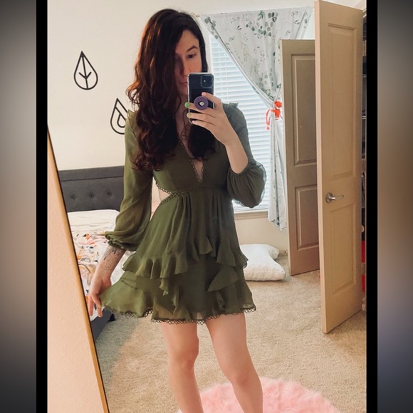 Olive Green Long Sleeve Romantic V Neck Ruffle Mini Dress size small - Picture 5 of 5